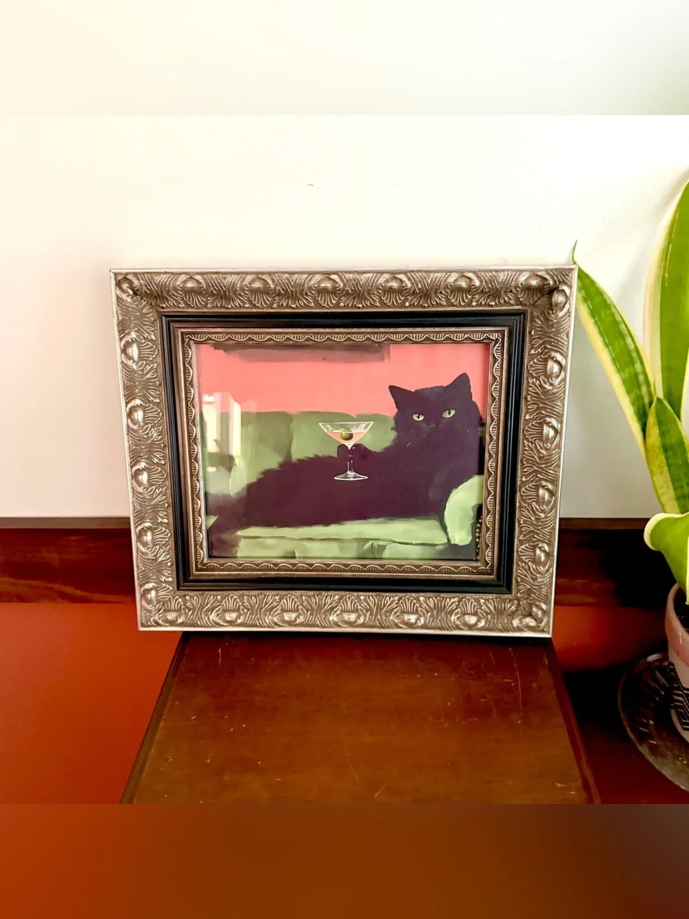 Black Cat Martini Olive Canvas Art Print Green Couch Baroque Ornate Framed Art